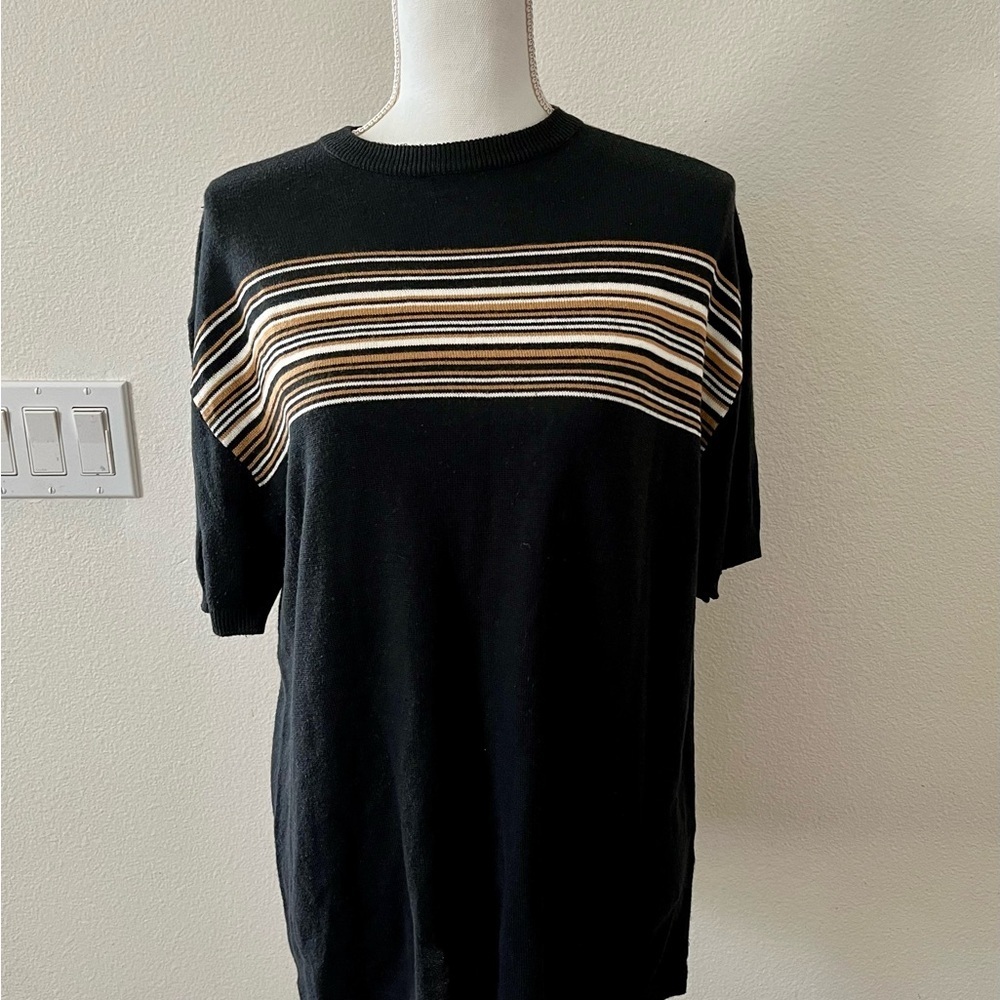 Men's Black Short-Sleeve Knit Shirt with Horizontal Tan & White Stripes
